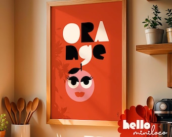 Orange Artwork Print, Colorful Fruit Art, Fun Kitchen Poster, Retro Room Decor, Digital Download