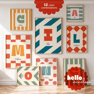 Könnte beinhalten: Neun gerahmte Kunstdrucke mit farbenfrohen Buchstaben und Namen. Jeder Druck zeigt einen anderen Buchstaben, Namen und Hintergrundmuster. Die Drucke sind in verschiedenen Farben, darunter Orange, Blau und Grün. Der Text "12 color combinations" steht oben.