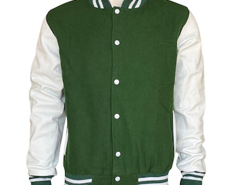 May include: A green and white varsity jacket with a button-up front. The body of the jacket is green, while the sleeves are white. The collar, cuffs, and hem feature green and white striped detailing. The jacket is displayed on a mannequin.