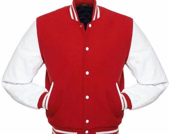 May include: A red varsity jacket with white sleeves, a white collar, and white striped cuffs. The jacket has a button-up front and two front pockets. The interior lining is black.