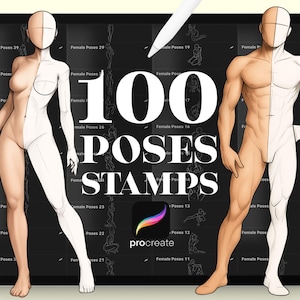 Peut inclure: Illustration numérique sur une tablette représentant une figure masculine et féminine, chacune divisée en deux avec un côté coloré et l'autre en contour. Le texte "100 POSES STAMPS" est affiché, ainsi que le logo Procreate.