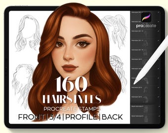 160 Procreate Hairstyle Stamps, Procreate Stamp, Woman Hair Guide Stamps, Procreate Curly Hair Brushes, Instant Digital Download