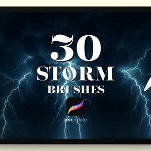 May include: A digital tablet displays the text "30 STORM BRUSHES" in white against a dark blue background with lightning bolts. The Procreate app logo is in the lower corner, and a white stylus is on the right.