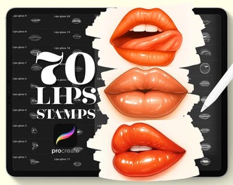 May include: Digital art on a tablet showcasing a Procreate app interface with the text "70 LIPS STAMPS." The image features three illustrations of glossy, orange lips, with one showing a tongue. A stylus is visible, suggesting digital art creation.