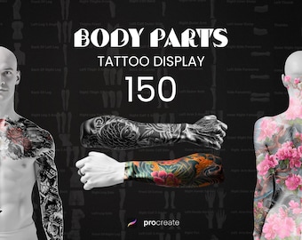 May include: A digital art display featuring body parts with tattoo designs. The image includes the text "BODY PARTS TATTOO DISPLAY 150" in white. The image shows examples of tattoo art on arms and a torso.