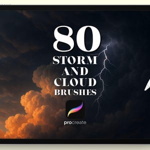 May include: A digital tablet displays the text "80 STORM AND CLOUD BRUSHES" with a lightning bolt graphic. The Procreate app logo is at the bottom. The background features a dramatic sky with storm clouds.