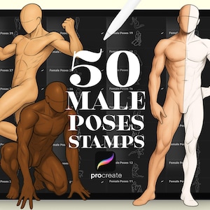 May include: A digital art product displayed on a tablet, showcasing "50 MALE POSES STAMPS." The image presents illustrations of male figures in diverse poses, with a stylus positioned above the screen. The Procreate logo is also visible.