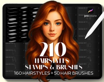 210 Procreate Hairstyle Stamps & Brushes, Procreate Stamp, Woman Hair Guide Stamps, Hair Brushes For Procreate, Instant Digital Download