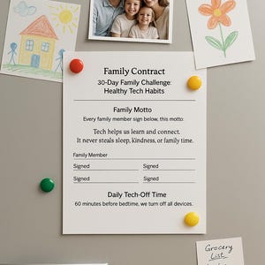 Op de afbeelding: Een koelkastdeur toont een familiefoto, tekeningen en notities. Een "Familiecontract" beschrijft een 30-daagse uitdaging voor gezonde tech-gewoonten. Het contract bevat een familiemotto en een dagelijkse tech-vrije tijd van 60 minuten.