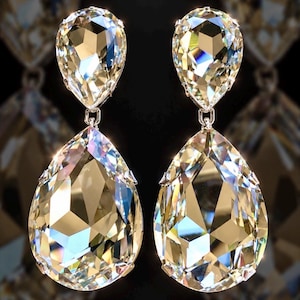 Statement Crystal Exaggerated Earrings | Teardrop | Clip On/Pierced Available | 100mm Long Dramatic Clear Crystals | Glam Drag Costume Jewel