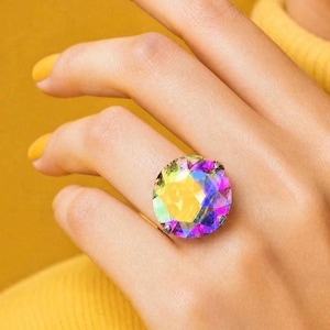Sparkling 27mm Aurora Borealis Crystal Ring | Oversized Cocktail Ring | AB Solitaire Statement Ring | Drag Queen Stage Jewellery
