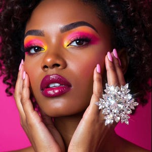 Op de afbeelding: Een vrouw met een donkere huid en krullend haar, met felroze en gele oogschaduw en dieprode lippenstift. Een grote, sprankelende kristallen ring siert een hand, met roze nagels. De achtergrond is effen roze.