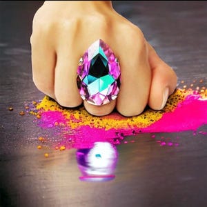 Unique Pink Purple Teardrop Ring | 40x30mm Austrian Crystal | Adjustable Band | Glam Cocktail Ring | Large Costume Jewellery