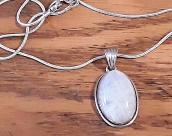 Natural Rainbow Moonstone Top Quality Gemstone  Oval Cabochon Necklace 925-Sterling Solid Silver Great Gift For Her !!