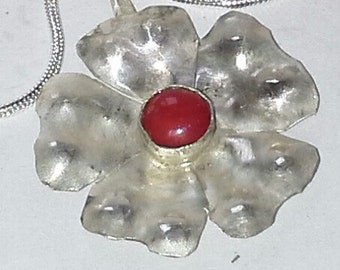 Sterling Silver Flower with Red Coral Stone Center