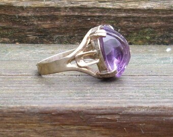 Handmade Oval carved Huge Amethyst  Sterling Silver Ring