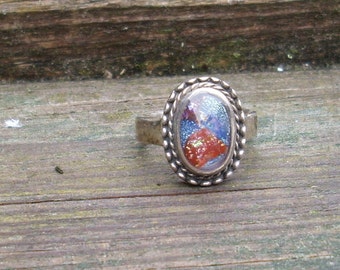 Glass Cabochon Red, White and Blue  Ring  Dichroic glass