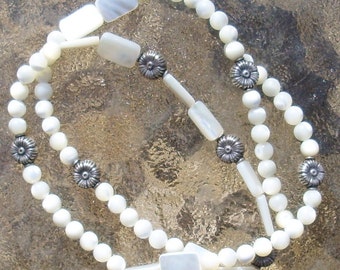 Mother of Pearl Necklace with Sterling Flow Beads