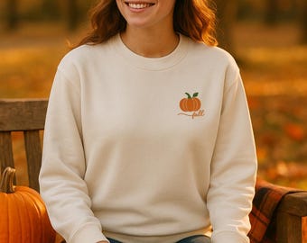 Sweatshirt geborduurd pompoen - gezellige herfst trui met ronde hals, uniseks herfsttrui