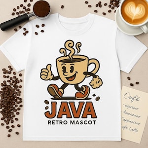 Peut inclure: T-shirt blanc avec une mascotte de tasse à café de dessin animé rétro faisant un signe de pouce. Les mots "JAVA RETRO MASCOT" sont imprimés en dessous en marron. Des grains de café et une tasse de café sont également visibles.