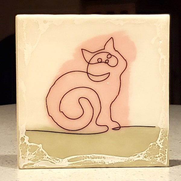 4x4 Encaustic Cat (4) Painting - continuous line on wax with shellac accent