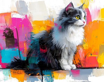 May include: An abstract painting of a cat with gray and white fur, yellow eyes, and pink accents. The background features bold brushstrokes of pink, orange, yellow, and blue, creating a vibrant and colorful artwork.