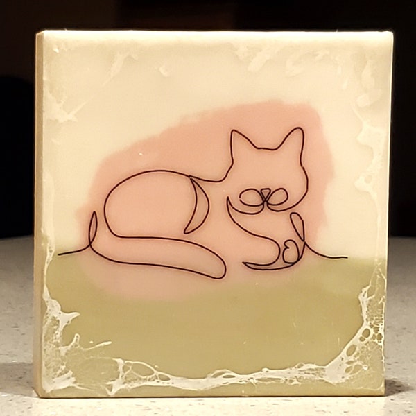 4x4 Encaustic Cat (2) Painting - continuous line on wax with shellac accent
