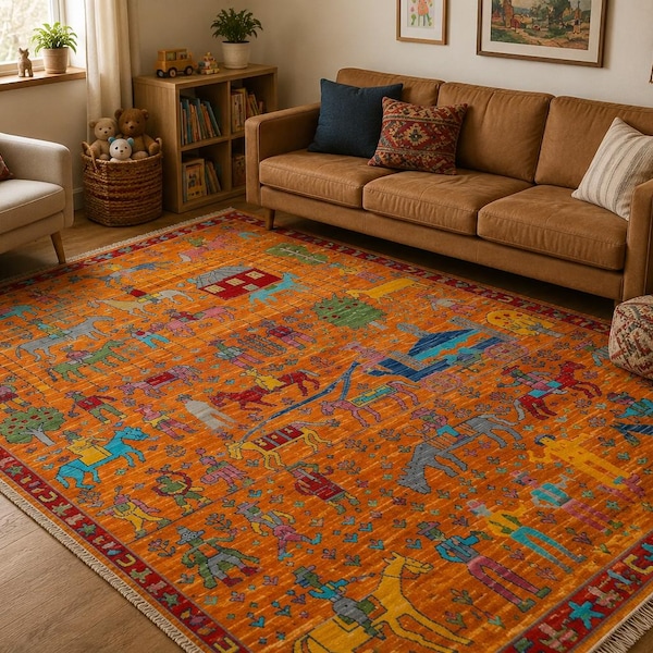 Orange Tribal Animal Rug | Hand Knotted Colorful | Pictorial Wool Carpet | Bohemian Folk  Area  Rug