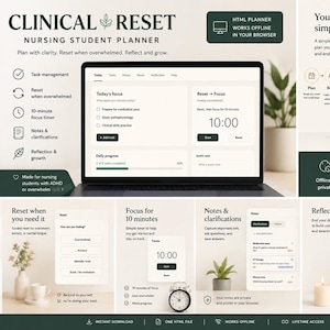 May include: A digital nursing student planner titled Clinical Reset, displayed on a laptop screen. The interface features task management, a 10-minute focus timer, notes, and reflection sections. The design uses a dark green and cream color palette.