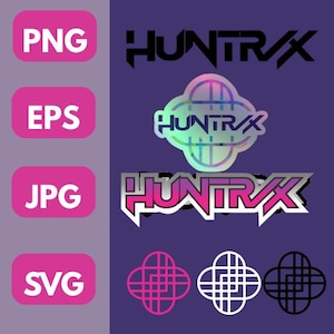 Peut inclure: Conception graphique numérique avec le mot "HUNTRAX" dans différents styles et couleurs. La conception comprend des étiquettes de type de fichier : PNG, EPS, JPG et SVG, ainsi que trois éléments graphiques en forme de croix.