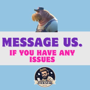 以下が含まれることがあります： 帽子とオーバーオールを着たセイウチのキャラクターのデジタルグラフィック。テキスト「MESSAGE US. IF YOU HAVE ANY ISSUES」は紫とピンクです。メガネとひげを生やした男性のロゴが一番下にあります。