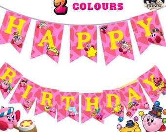 Kirby Birthday Banner, Pink & Blue Bunting, Kirby Party Decor, Video Game Birthday Banner, Boys Gamer Party, Kirby Little Star  Decor