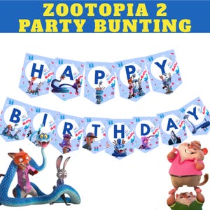 Peut inclure: Une guirlande "Joyeux Anniversaire" bleue et blanche avec des personnages de Zootopie 2. La guirlande est compos&eacute;e de fanions individuels avec des lettres et des illustrations de personnages. La banni&egrave;re sup&eacute;rieure indique "Zootopia 2 Party Bunting".