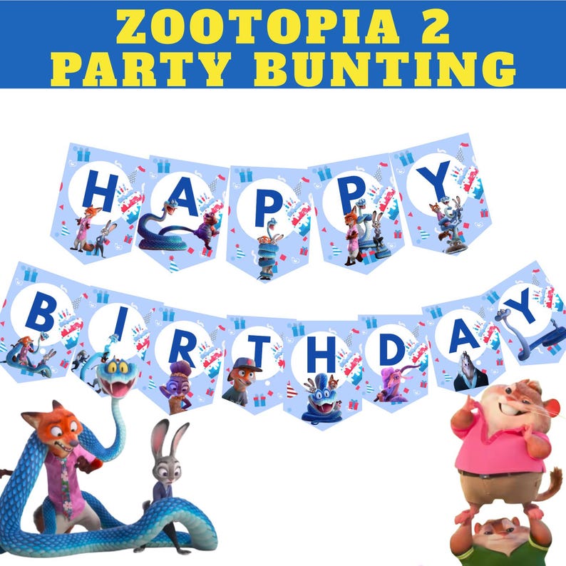 Peut inclure: Une guirlande "Joyeux Anniversaire" bleue et blanche avec des personnages de Zootopie 2. La guirlande est compos&eacute;e de fanions individuels avec des lettres et des illustrations de personnages. La banni&egrave;re sup&eacute;rieure indique "Zootopia 2 Party Bunting".
