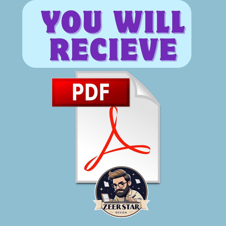 以下が含まれることがあります： 紫色の「YOU WILL RECIEVE」というテキストと、赤いバナーに「PDF」と書かれたPDFアイコンのデジタルグラフィック。下には、メガネをかけた漫画の男性と「ZEER STAR DESIGN」というテキストが入ったロゴがあります。