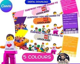 Surprise LEGOLAND Trip Reveal Ticket, legoland ticket in 5 colours, Kids Birthday Surprise Theme Park Ticket, Digital Download