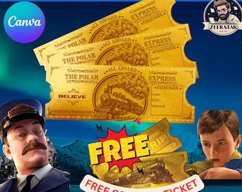 Billet Polar Express, trajet en train vers le pôle Nord, modèle Canva (imprimable et modifiable)