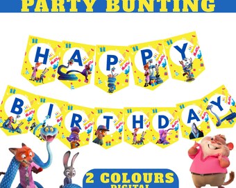 Banner de aniversário Zootopia 2, decoração de festa azul e amarela (download digital) bandeirolas zootopia