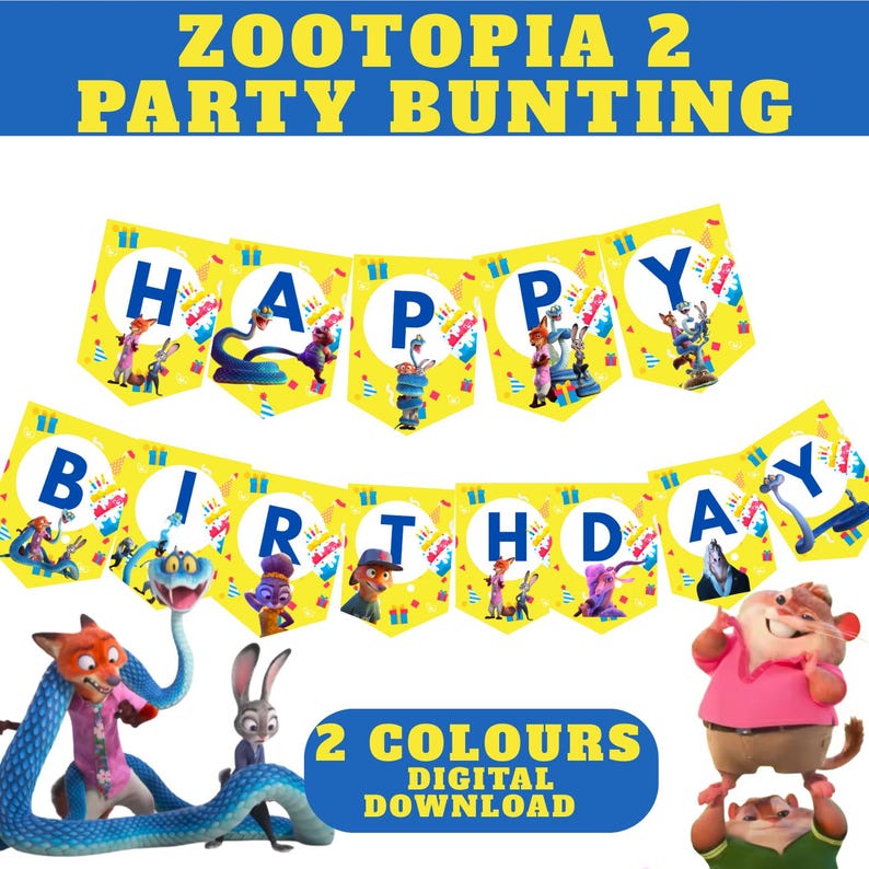 Peut inclure: Guirlande de f&ecirc;te jaune avec le texte "ZOOTOPIA 2 PARTY BUNTING" en bleu et jaune. La guirlande &eacute;pelle "HAPPY BIRTHDAY" avec des personnages de dessins anim&eacute;s et des illustrations de g&acirc;teaux d'anniversaire. Le bas de l'image indique "2 COULEURS T&Eacute;L&Eacute;CHARGEMENT NUM&Eacute;RIQUE".