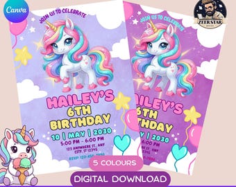 Unicorn Birthday Invite 5x7, Editable Canva Template, Rainbow Girl Birthday Invitation, Magical Unicorn Party Invite, Pastel Party Invite