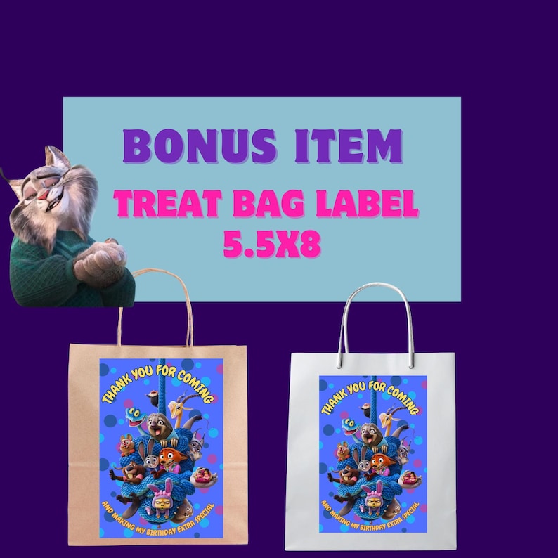 May include: Two treat bags, one tan and one white, with handles. Each bag has a blue label with cartoon characters and the text "THANK YOU FOR COMING" and "AND MAKING MY BIRTHDAY EXTRA SPECIAL". A bonus item label is above the bags.