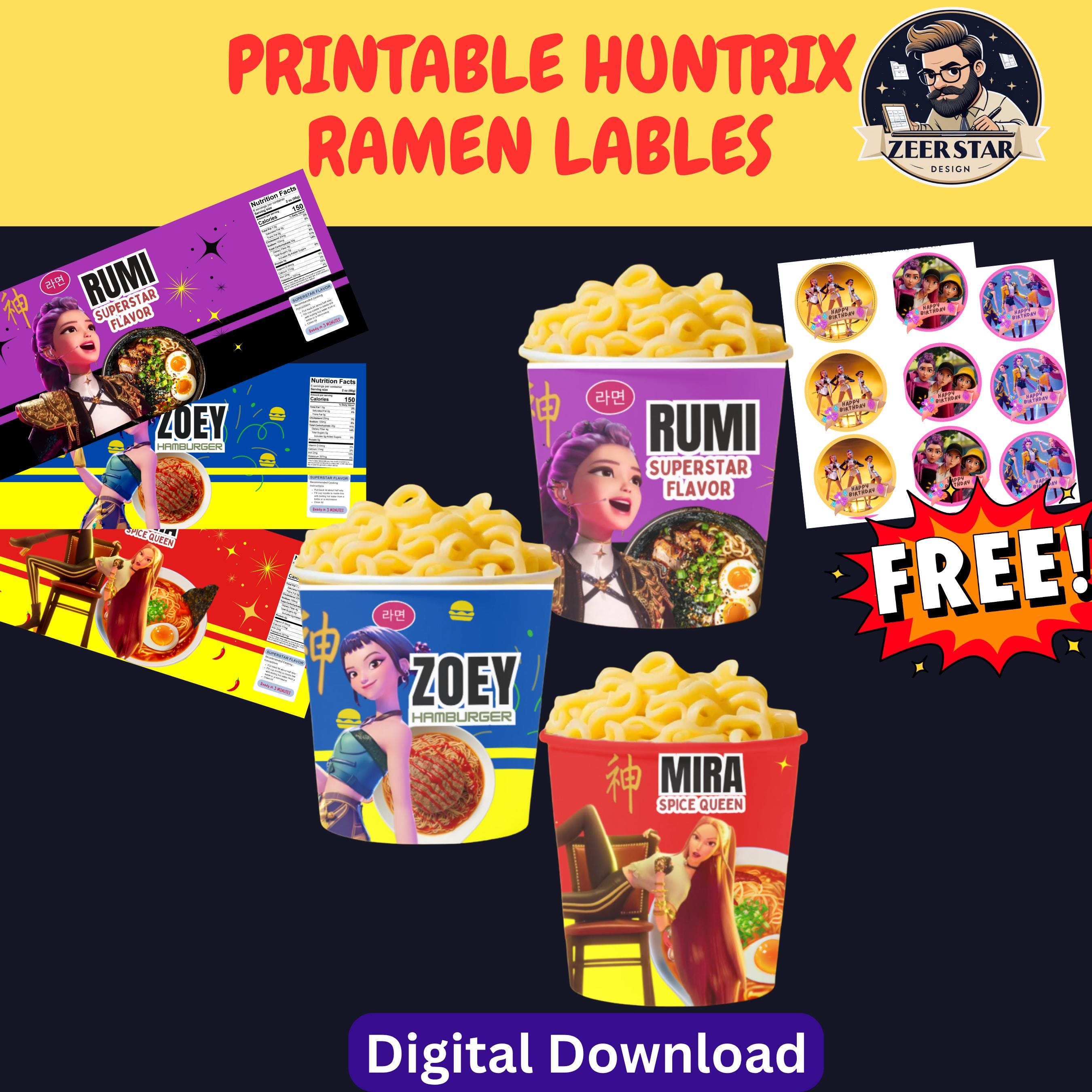 Huntrix Ramen Cup Label, 3 Designs Rumi Mira Zoey, K-pop Demon