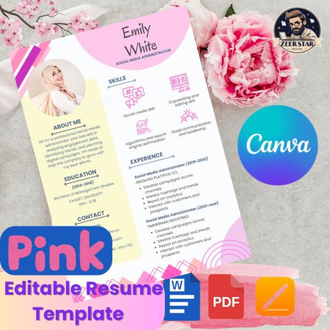 Pink Cv Sample Editable Pink Resume Template: Modern CV Design With Photo - Etsy