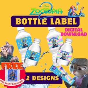 Puede incluir: Descarga digital de etiquetas de botellas con temática de Zootopia. Las etiquetas presentan al personaje Yax con el texto "Happy Birthday" sobre un fondo de lunares azules. La imagen también incluye una etiqueta de bolsa de regalo gratuita y el texto "2 Designs".