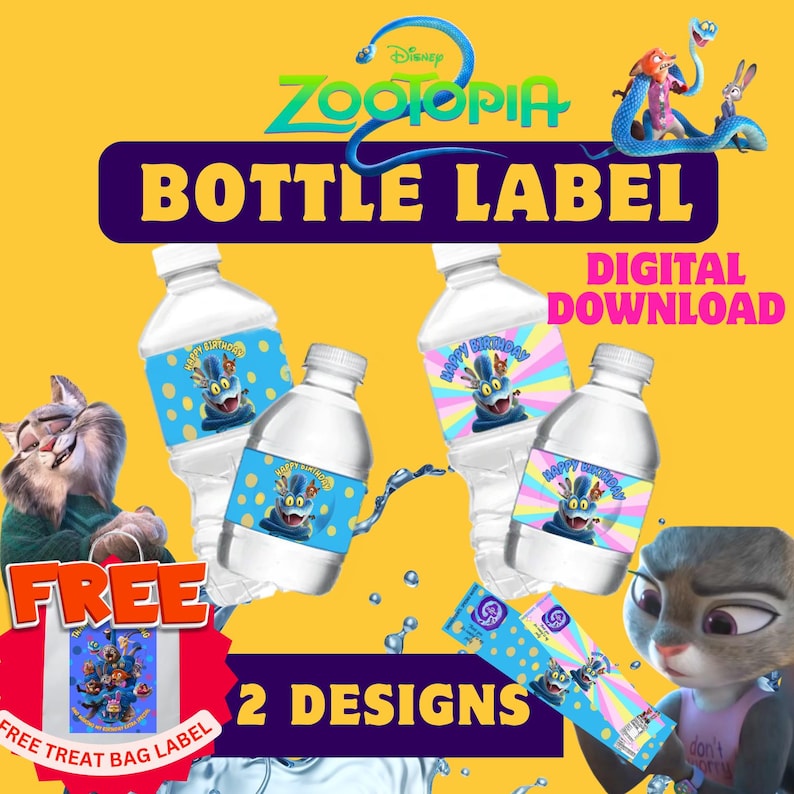 May include: Digital download of Zootopia bottle labels. The labels feature the character Yax with the text "Happy Birthday" on a blue polka dot background. The image also includes a free treat bag label and the text "2 Designs".