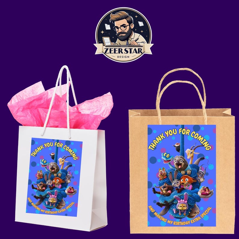 以下が含まれることがあります： 「THANK YOU FOR COMING」の文字と漫画の画像が入った、白と茶色の2つのギフトバッグ。白いバッグにはピンクのティッシュペーパーが入っています。茶色のバッグには茶色のハンドルが付いています。画像には漫画のキャラクターが含まれています。