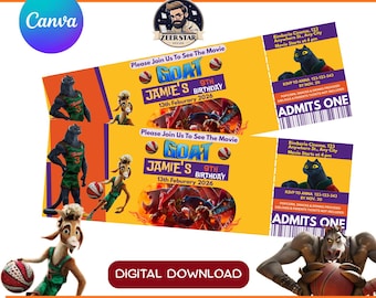 Editable GOAT Movie Ticket Invitation, Printable movie ticket stub Invite, Personalized Movie Ticket, Kids Birthday Party Ticket.