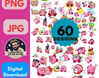 Bundle de cliparts Png Kirby, autocollants anime, fichiers Cricut gaming (téléchargement numérique)