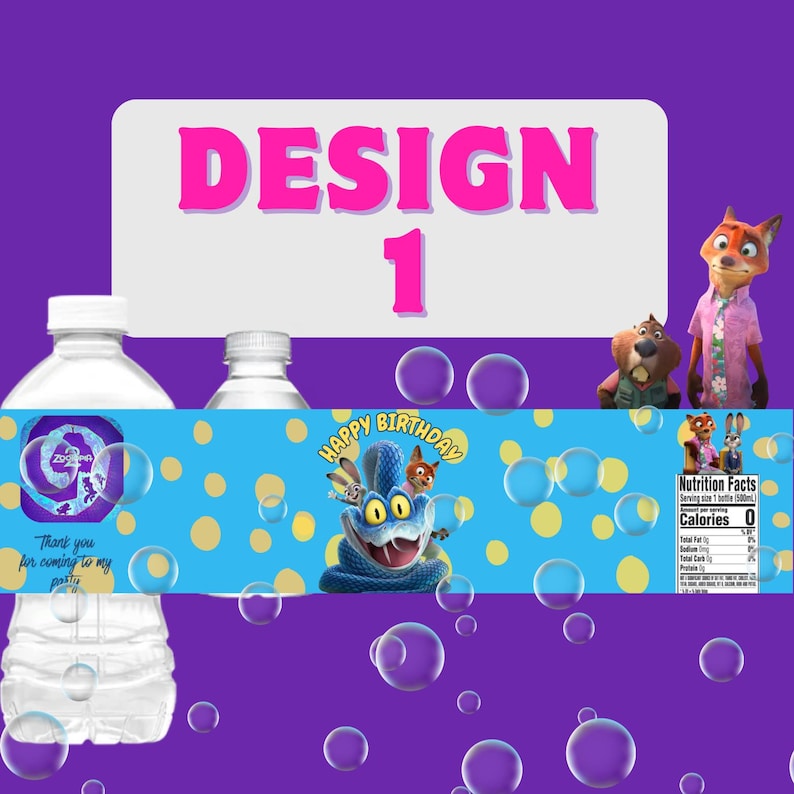 May include: A water bottle label with a blue background, yellow polka dots, and cartoon characters. The label says "Happy Birthday" and "Thank you for coming to my party." The design includes the text "DESIGN 1."