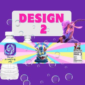 May include: Water bottle labels with a purple and pastel design. The labels feature cartoon characters, the text "DESIGN 2", and "HAPPY BIRTHDAY". The bottles are clear, and the background is purple with bubbles.